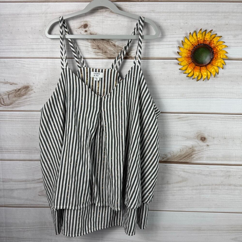 Crown Ivy Striped Tank‎ Top Women Plus Size L Black White Gold Sparkle